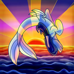 Size: 1280x1280 | Tagged: safe, artist:jane-ander, oc, oc only, merpony, seapony (g4), blue mane, commission, digital art, eyes closed, female, fins, fish tail, flowing mane, flowing tail, ocean, sky, smiling, solo, sun, sunlight, sunset, tail, water, ych result