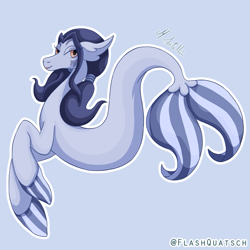 Size: 825x825 | Tagged: safe, artist:flashquatsch, oc, oc only, hippocampus, merpony, seapony (g4), blue background, blue mane, female, fins, fish tail, flowing tail, lidded eyes, lipstick, looking at you, orange eyes, signature, simple background, smiling, solo, tail