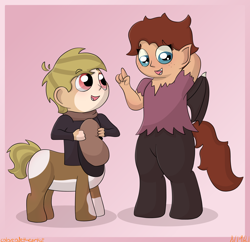 Size: 1586x1536 | Tagged: safe, artist:colorcodetheartist, oc, oc:batibat, oc:pippin cheer, centaur, satyr, taur, crossover ship offspring, duo, hat, interspecies offspring, magical gay spawn, newsboy hat, offspring, parent:cozy glow, parent:damien thorn, parent:pip pirrup, parent:pipsqueak