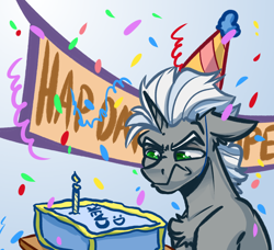 Size: 4000x3650 | Tagged: safe, artist:witchtaunter, oc, oc only, oc:scope, pony, unicorn, birthday, candle, chest fluff, confetti, ear fluff, floppy ears, gift art, happy birthday, hat, party hat, scowl, solo