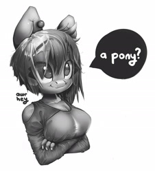 Size: 2788x3087 | Tagged: safe, artist:awr-hey, oc, oc only, earth pony, anthro, arm under breasts, big breasts, breasts, bust, clothes, crossed arms, earth pony oc, eye clipping through hair, female, grayscale, high res, monochrome, simple background, smiling, solo, talking, white background