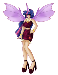 Size: 4113x5313 | Tagged: safe, artist:dazzlingmimi, twilight sparkle, human, vampire, g4, alicorn humanization, bracelet, clothes, fangs, female, high heels, horn, horned humanization, humanized, jewelry, midriff, shoes, simple background, skirt, solo, transparent background, winged humanization