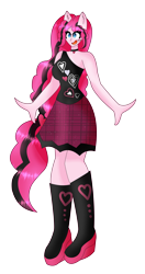 Size: 3147x5944 | Tagged: safe, artist:dazzlingmimi, pinkie pie, equestria girls, g4, alternate hairstyle, boots, breasts, choker, clothes, cute, diapinkes, female, open mouth, pinkie pie's boutique, ponied up, shoes, simple background, skirt, solo, tank top, transparent background
