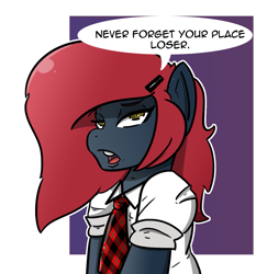 Size: 1067x1146 | Tagged: safe, artist:n-o-n, oc, oc only, oc:jessi-ka, earth pony, pony, bully, bullying, clothes, dialogue, female, lidded eyes, looking at you, necktie, open mouth, school uniform, schoolgirl, solo, speech bubble, talking to viewer