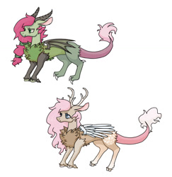 Size: 1434x1476 | Tagged: safe, artist:ukulelepineapplecat, oc, oc only, oc:fauna, oc:flora, draconequus, hybrid, chest fluff, draconequus oc, duo, female, interspecies offspring, offspring, parent:discord, parent:fluttershy, parents:discoshy, simple background, story included, white background