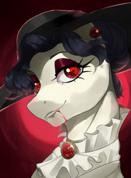 Size: 509x686 | Tagged: safe, artist:egil, oc, oc only, oc:lady rubra, earth pony, pony, vampire, equestria at war mod, blood, bust, clothes, dread league, ear piercing, earring, eyelashes, eyeshadow, fangs, female, hat, jewelry, lady dimitrescu, looking at you, makeup, mare, piercing, ponified, portrait, red eyes, sun hat
