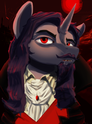 Size: 1560x2100 | Tagged: safe, oc, oc only, oc:count dominus, pony, unicorn, vampire, equestria at war mod, beard, blood moon, bust, castlevania, castlevania: symphony of the night, clothes, detailed, detailed background, dracula, dread league, eyebrows, facial hair, fangs, horn, male, mane, moon, ponified, portrait, red eyes, red sky, vlad tepes, what is a man