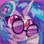 Size: 900x900 | Tagged: safe, artist:provolonepone, dj pon-3, vinyl scratch, pony, robot, robot pony, unicorn, g4, bust, chromatic aberration, colored hooves, eye clipping through hair, eyebrows, eyebrows visible through hair, eyelashes, fangs, female, glasses, glowing, glowing eyes, headphones, hoof hold, horn, looking at you, mare, open mouth, open smile, portrait, purple background, simple background, smiling, smiling at you, solo, unshorn fetlocks, vaporwave, vinyl's glasses