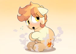 Size: 2048x1446 | Tagged: safe, artist:mochi_nation, oc, oc only, oc:flame egg, earth pony, pony, blushing, gradient background, sitting, smoke, solo