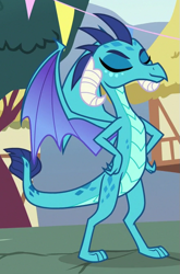 Size: 439x665 | Tagged: safe, screencap, princess ember, dragon, g4, season 7, triple threat, cropped, dragoness, eyes closed, female, hand on hip, proud, smiling, solo