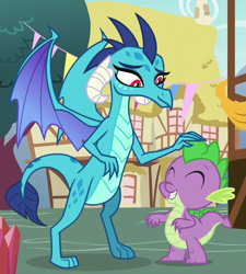 Size: 596x663 | Tagged: safe, screencap, princess ember, spike, dragon, g4, triple threat, cropped, cute, dragoness, duo, female, male, petting, smiling, spikabetes