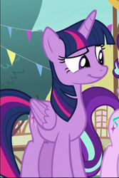 Size: 481x722 | Tagged: safe, screencap, twilight sparkle, alicorn, pony, g4, triple threat, cropped, cute, female, mare, offscreen character, raised eyebrow, smiling, smirk, smug, smuglight sparkle, solo, twiabetes, twilight sparkle (alicorn)