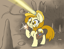 Size: 3300x2550 | Tagged: safe, artist:leadhooves, oc, oc only, oc:golden star, earth pony, pony, :t, bag, cave, cavern, cheek fluff, commission, diamond, earth pony oc, female, gem, happy, hard hat, hat, high res, hoof hold, jewels, mare, raised hoof, saddle bag, shiny, smiling, solo, stalactite, stalagmite