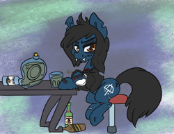 Size: 3300x2550 | Tagged: safe, artist:leadhooves, earth pony, pony, undead, zombie, zombie pony, alcohol, angry, bags under eyes, beer bottle, bone, bottle, bring me the horizon, clothes, commission, fangs, glasgow smile, glass, high res, long sleeves, looking at you, male, oliver sykes, ponified, scar, shirt, sitting, solo, stallion, stitches, stool, table, tattoo