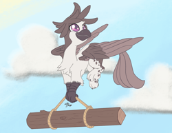 Size: 3300x2550 | Tagged: safe, artist:leadhooves, oc, oc only, oc:glade, griffon, beak, carrying, chest fluff, claws, cloud, colored pupils, commission, cute, fluffy, flying, happy, high res, log, looking up, male, paws, rope, sky, smiling, solo, spread wings, wings