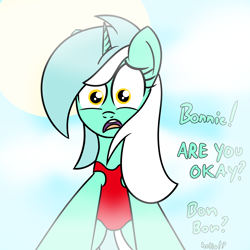 Size: 2000x2000 | Tagged: safe, artist:dafiltafish, lyra heartstrings, pony, unicorn, comic:day by day, g4, clothes, dialogue, female, high res, implied bon bon, looking at you, mare, offscreen character, one-piece swimsuit, pov, red swimsuit, scared, solo, sun, swimsuit