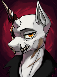 Size: 509x686 | Tagged: safe, artist:neither, oc, oc only, oc:corpus maledictus, lich, pony, undead, unicorn, zombie, equestria at war mod, bust, clothes, dread league, ear fluff, male, one eyed, portrait, rotting, rotting flesh, skull, solo