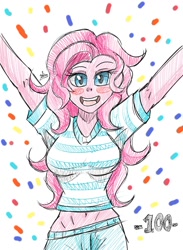 Size: 1100x1500 | Tagged: safe, artist:zachc, pinkie pie, equestria girls, g4, arms in the air, belly button, breasts, busty pinkie pie, clothes, confetti, female, looking at you, open mouth, smiling, solo, volumetric mouth