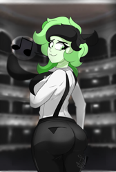 Size: 2000x2980 | Tagged: safe, artist:diamondgreenanimat0, oc, oc:esmeraldagreen, human, 2021, ass, black hair, butt, butt touch, clothes, costume, green eyes, green hair, hand on butt, happy, high res, humanized, large butt, practice, redraw, seduction, theater