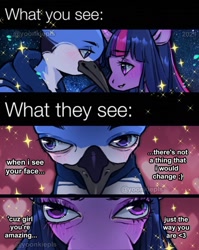 Size: 1080x1358 | Tagged: safe, artist:yoonkiepls, twilight sparkle, bird, blue jay, pony, unicorn, anthro, g4, abomination, aeroplanes and meteor showers, airplanes (song), creepy, crossover, crossover shipping, crying, cursed image, female, male, mare, meme, mordecai, mordetwi, not salmon, oh god no, parody, perspective, redraw mordetwi meme, regular show, shipping, song reference, sorry not sorry, straight, this is why god won't talk to us, truth, wat, wtf