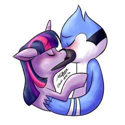 Size: 1440x1440 | Tagged: safe, artist:baldgagits, twilight sparkle, bird, blue jay, pony, unicorn, anthro, g4, aeroplanes and meteor showers, airplanes (song), crossover, crossover shipping, crying, female, male, mare, meme, mordecai, mordetwi, redraw mordetwi meme, regular show, shipping, simple background, song reference, straight