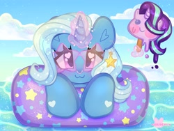 Size: 4000x3000 | Tagged: safe, artist:bunxl, starlight glimmer, trixie, pony, unicorn, g4, :3, cute, diatrixes, ear piercing, earring, ethereal mane, eyelashes, food, heart, heart eyes, ice cream, inner tube, jewelry, levitation, looking at you, magic, ocean, piercing, popsicle, smiling, solo, starry mane, sunglasses, telekinesis, wingding eyes