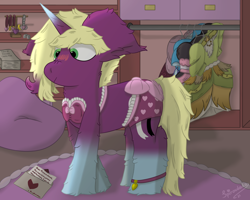 Size: 2500x2000 | Tagged: safe, artist:spiroudada, part of a set, oc, oc only, oc:velvet sky, pony, unicorn, series:velvet wardrobe reboot, anklet, blushing, bra, clothes, crossdressing, dressing, flower, frilly underwear, high res, jewelry, letter, male, naughty, part of a series, solo, stallion, story included, underwear