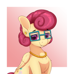 Size: 3200x3200 | Tagged: safe, artist:aquaticvibes, posey shy, pegasus, pony, g4, ear piercing, earring, female, glasses, high res, jewelry, mare, necklace, pearl necklace, piercing, smiling, solo