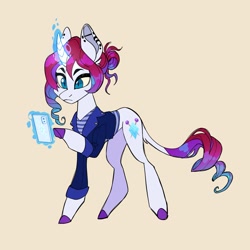 Size: 1947x1948 | Tagged: safe, artist:_psiionix_, rarity, pony, unicorn, g4, cellphone, clothes, leonine tail, phone, redesign, simple background, smartphone, solo, yellow background