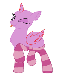Size: 453x562 | Tagged: safe, artist:aonairfaol, oc, oc only, alicorn, pony, :p, alicorn oc, bald, base, chest fluff, clothes, eyelashes, horn, one eye closed, simple background, socks, solo, striped socks, tongue out, white background, wings, wink