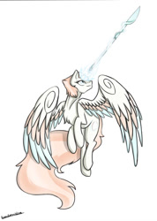 Size: 785x1100 | Tagged: safe, artist:penrosa, gem (race), gem pony, pegasus, pony, collaboration, female, gem, looking up, mare, pearl, pearl (steven universe), ponified, signature, simple background, solo, spear, steven universe, weapon, white background, wings