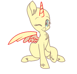 Size: 492x468 | Tagged: safe, artist:aonairfaol, oc, oc only, alicorn, pony, alicorn oc, bald, base, chest fluff, eyelashes, female, horn, mare, one eye closed, one wing out, simple background, solo, unshorn fetlocks, white background, wings, wink