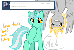 Size: 900x600 | Tagged: safe, artist:azure-doodle, derpy hooves, lyra heartstrings, pony, g4, sexually confused lyra, upside down