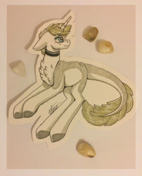 Size: 2202x2723 | Tagged: safe, artist:inspiredpixels, oc, oc only, pony, unicorn, chest fluff, colored hooves, floppy ears, freckles, high res, leonine tail, pale belly, solo, traditional art