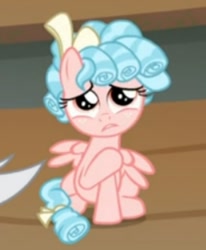 Size: 500x608 | Tagged: safe, screencap, cozy glow, pegasus, pony, g4, bow, female, filly, freckles, hair bow, hoof on chest, sitting, solo, spread wings, tail bow, wings