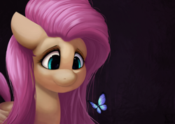 Size: 4092x2893 | Tagged: safe, artist:jojomero, fluttershy, butterfly, pegasus, pony, g4, bust, female, folded wings, high res, looking at something, looking down, mare, solo, three quarter view, wings