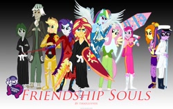 Size: 1024x643 | Tagged: safe, artist:featherbook, adagio dazzle, applejack, clover the clever, discord, fluttershy, pinkie pie, rainbow dash, rarity, sci-twi, sunset shimmer, twilight sparkle, fanfic:friendship souls, equestria girls, g4, armor, bleach (manga), clothes, crossover, disguise, disguised siren, equestria girls-ified, fanfic, fanfic art, female, hat, humane five, humane seven, humane six, kimono (clothing), looking at you, pinkamena diane pie, sharp teeth, shield, sword, tail, teeth, walking on water, weapon, wings, zanpakuto