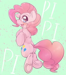 Size: 1810x2048 | Tagged: safe, artist:kurogewapony, pinkie pie, earth pony, pony, g4, balloonbutt, blushing, butt, cute, diapinkes, female, floating, frog (hoof), green background, happy, looking at you, looking back, looking back at you, mare, open mouth, open smile, plot, simple background, smiling, smiling at you, solo, text, underhoof