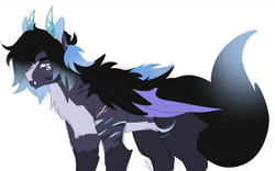 Size: 1280x801 | Tagged: safe, artist:void-sommar, oc, oc only, hybrid, draconequus hybrid, fangs, fluffy, horns, interspecies offspring, male, offspring, parent:discord, parent:princess luna, parents:lunacord, simple background, solo, white background