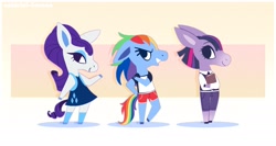 Size: 2153x1149 | Tagged: safe, artist:syrupyyy, rainbow dash, rarity, twilight sparkle, horse, pony, anthro, g4, alternate hairstyle, animal crossing, book, clothes, crossover, dress, eyeshadow, female, jeans, makeup, open mouth, pants, shirt, shorts, sports shorts, stockings, t-shirt, thigh highs, trio, vest