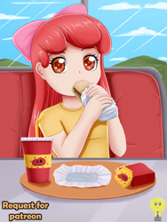 Size: 1500x2000 | Tagged: safe, artist:focusb, apple bloom, human, g4, adorabloom, apple bloom's bow, bow, burger, cute, food, french fries, hair bow, humanized, offscreen character, pov, soda