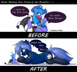Size: 2048x1897 | Tagged: safe, artist:movieskywalker, derpibooru exclusive, oc, oc only, oc:dark straw, oc:frozen light, bat pony, hybrid, pony, succubus, succubus pony, zony, bat wings, belt, black underwear, blue hair, choker, clothes, cowboy hat, cowgirl, duo, female, hat, jewelry, lingerie, looking at each other, macro/micro, necklace, panties, red eyes, rope, sexy, shirt, shocked, simple background, size difference, socks, succubus oc, t-shirt, underwear, white background, wings, yellow eyes, zony oc