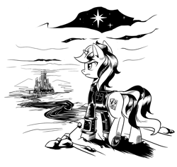 Size: 3096x2920 | Tagged: safe, artist:lexx2dot0, oc, oc only, oc:blackjack, pony, unicorn, fallout equestria, fallout equestria: project horizons, series:ph together we reread, black and white, butt, clothes, fanfic art, female, grayscale, high res, horn, jumpsuit, mare, monochrome, pipbuck, plot, small horn, solo, vault security armor, vault suit