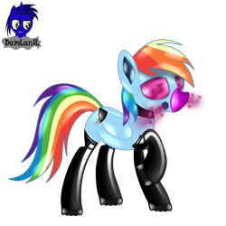 Size: 3840x3840 | Tagged: safe, alternate version, artist:damlanil, rainbow dash, pegasus, pony, g4, boots, clothes, collar, comic, cute, eyeshadow, female, gas mask, happy, heart, heart eyes, high res, latex, looking at you, makeup, mare, mask, raised hoof, rubber, rubber drone, shine, shiny, shiny mane, shoes, simple background, solo, text, transformation, transparent background, vector, wingding eyes, wings