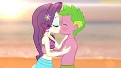 Size: 2160x1215 | Tagged: safe, artist:georgegarza01, rarity, spike, human, equestria girls, equestria girls specials, g4, my little pony equestria girls: better together, my little pony equestria girls: forgotten friendship, beach, belly button, bikini, blushing, clothes, duo, ear piercing, earring, eyes closed, female, flower, flower in hair, hand on cheek, human spike, jewelry, kiss on the lips, kissing, love, male, piercing, romantic, sarong, ship:sparity, shipping, show accurate, straight, sunset, swimsuit, topless