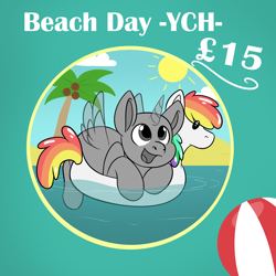Size: 5000x5000 | Tagged: safe, artist:rokosmith26, alicorn, earth pony, pegasus, pony, unicorn, absurd resolution, advertisement, advertising, commission, commission info, description is relevant, floaty, happy, looking up, open mouth, palm tree, simple background, solo, spread wings, sun, text, tree, water, wings, ych example, your character here