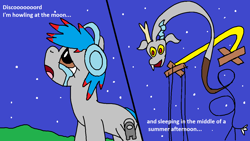 Size: 1280x720 | Tagged: safe, artist:squeaky-belle, discord, oc, oc:the living tombstone, draconequus, earth pony, pony, discord (eurobeat brony), g4, 1000 hours in ms paint, aeroplanes and meteor showers, amogus, among us, are you frustrated?, crying, eurobeat, headphones, looking up, male, meme, ms paint, night, night sky, puppeteer, sky, smiling, song reference, stallion, stick figure, stylistic suck, subverted meme