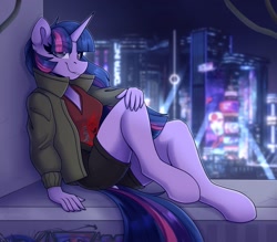 Size: 2000x1750 | Tagged: safe, artist:shadowreindeer, twilight sparkle, anthro, unguligrade anthro, city, clothes, cyberpunk, cyberpunk 2077, dock, eye clipping through hair, female, graffiti, jacket, looking at you, night, shorts, smiling, smiling at you, solo