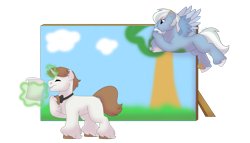 Size: 1280x732 | Tagged: safe, artist:itstechtock, oc, oc only, pegasus, pony, unicorn, backdrop, bowtie, cloud, colt, freckles, grass, magic, magic aura, male, script, simple background, sky, transparent background, tree, two toned mane, two toned wings, unshorn fetlocks, wings