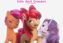 Size: 1416x965 | Tagged: safe, artist:annaxeptable, edit, edited screencap, screencap, apple bloom, scootaloo, sweetie belle, earth pony, pegasus, pony, unicorn, g4, g5, my little pony: a new generation, 3d, adorabloom, alternate hairstyle, bow, cute, cutealoo, cutie mark crusaders, diasweetes, fan made, female, g4 to g5, hair bow, mare, older, older apple bloom, older cmc, older scootaloo, older sweetie belle, open mouth, simple background, text, trio, trio female, unshorn fetlocks, white background